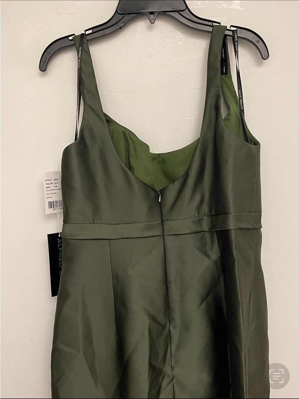 ALFRED SUNG Olive Green Satin Column Gown with Waist Bow- NWT - Picture 7 of 11